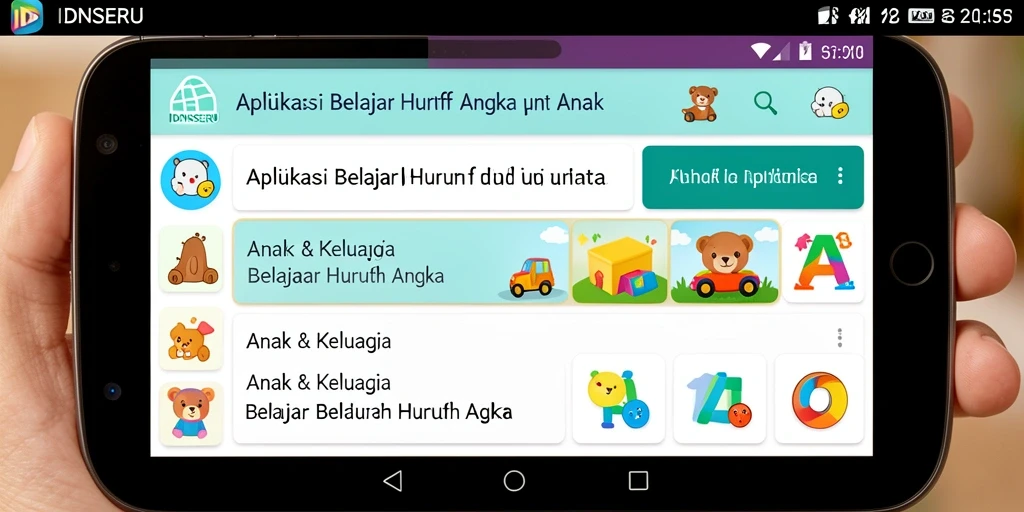 Tampilan layar aplikasi IDNSERU yang interaktif untuk belajar huruf dan angka.